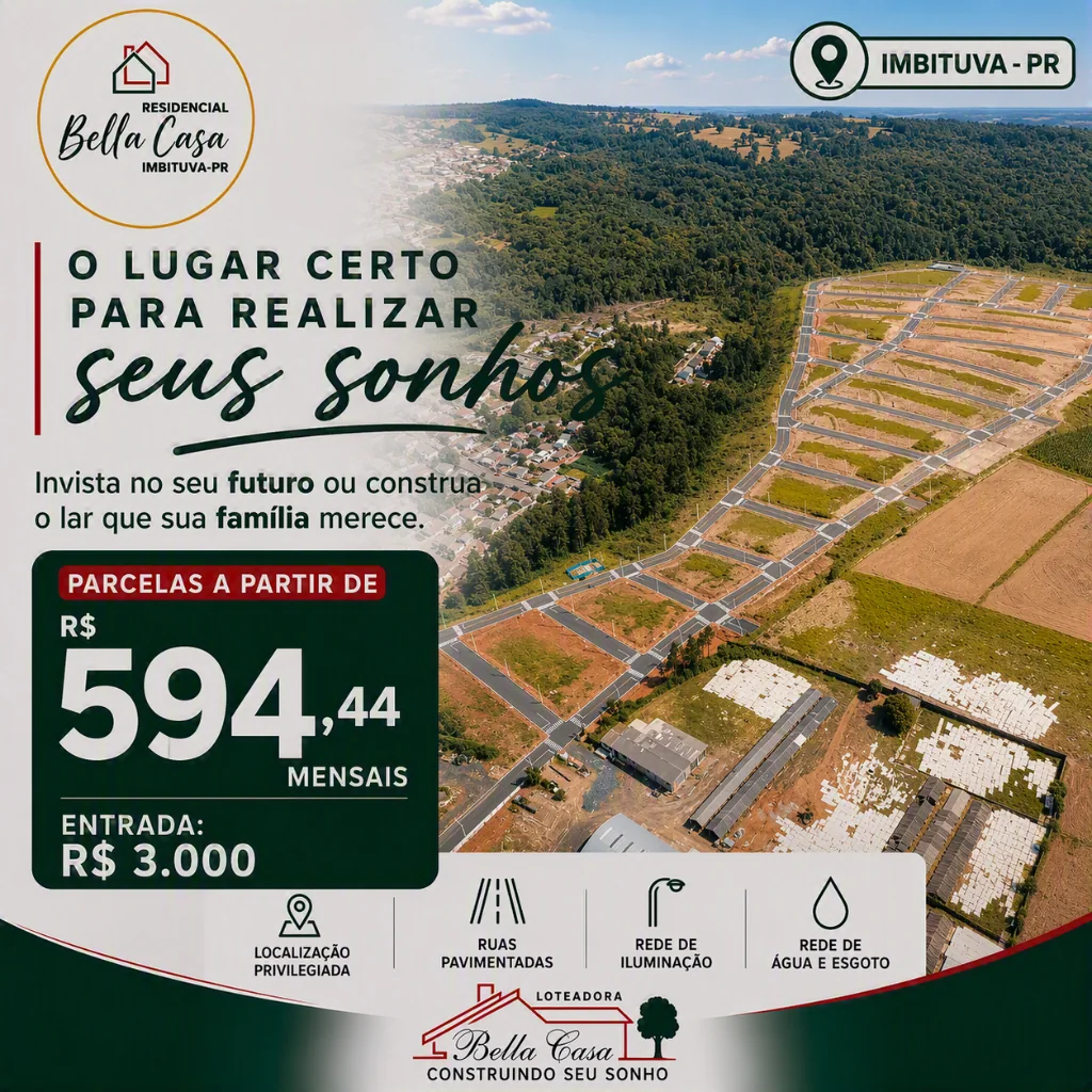 Arte do Residencial Bella Casa em Imbituva-PR: parcelas a partir de R$ 594,44 mensais e entrada de R$ 3.000. Ruas pavimentadas, rede de iluminação e rede de água e esgoto.