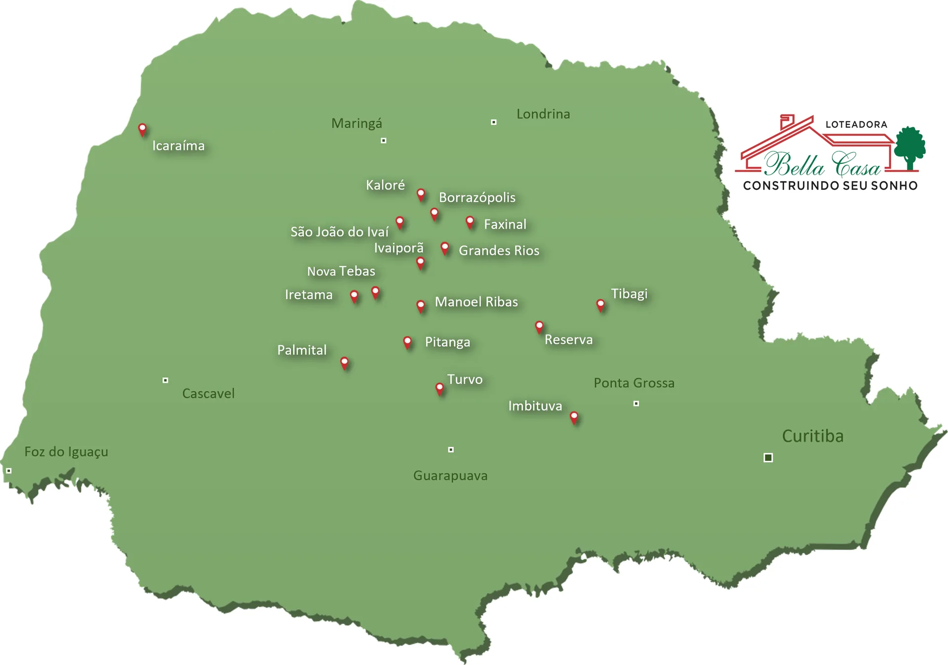 Mapa do Paraná com as cidades onde a Bella Casa tem loteamentos